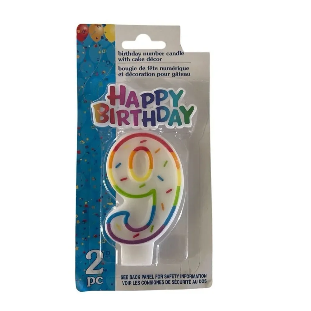 Number 9 Birthday Candle & Cake Topper Set, 2pc, Rainbow Sprinkles, Unisex